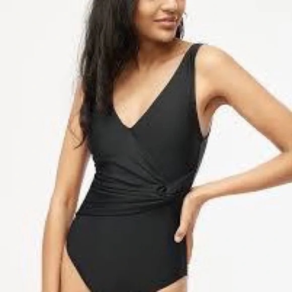 NEW J.Crew Factory Black V-Neck Knotted Waist Scoop Back One-Piece Swimsuit XS - Picture 1 of 13